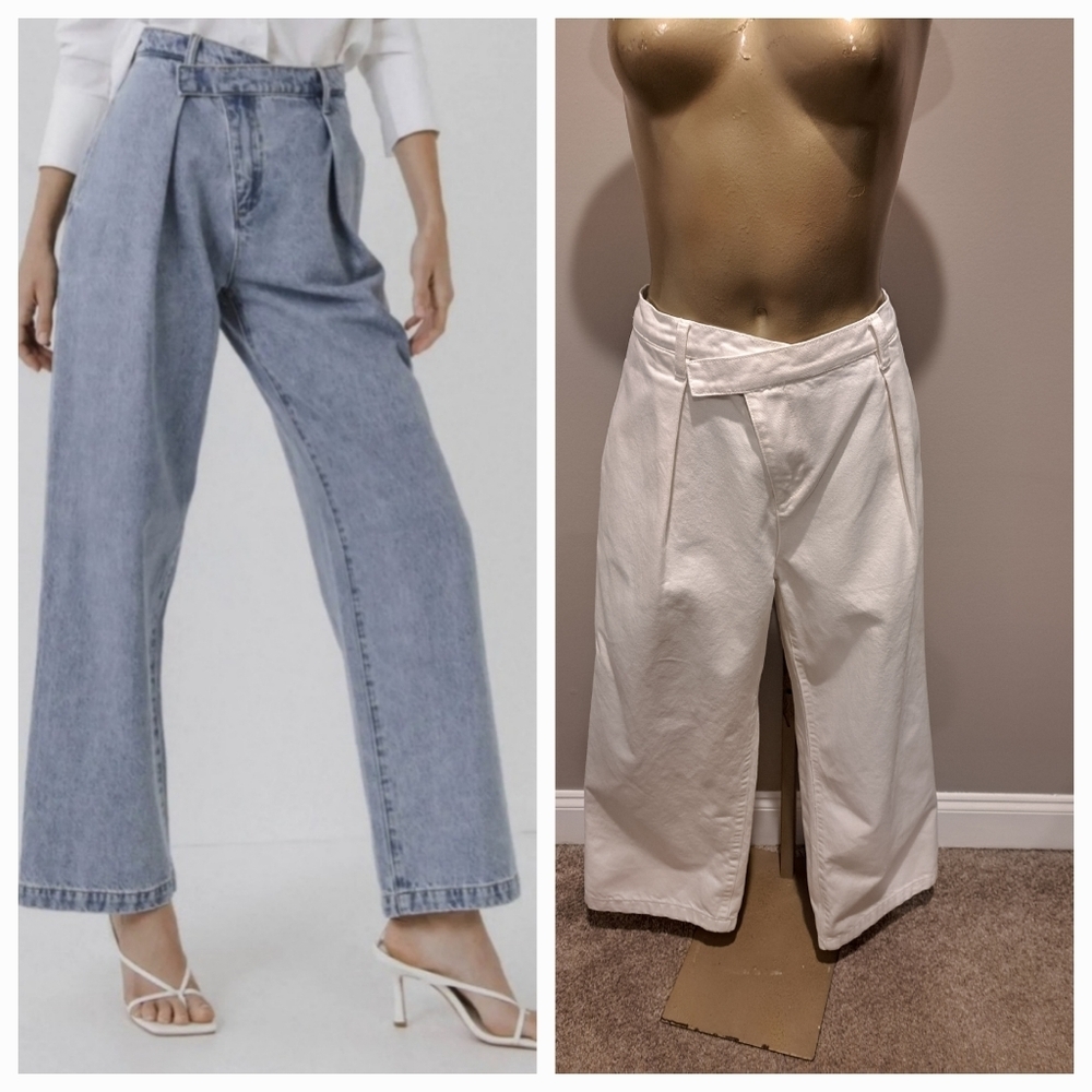 Grey Lab White Wrapped Waist Pleated Ankle Length Denim Jeans